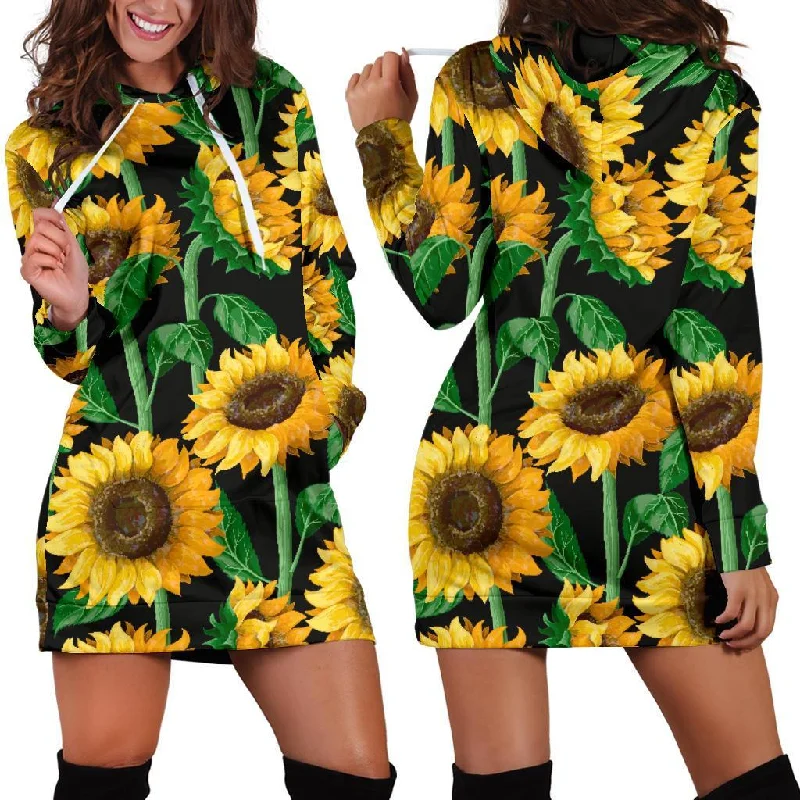 Cartoon Sunflower Pattern Print Women Hoodie Dress Hoodie Dress Longline Feminine