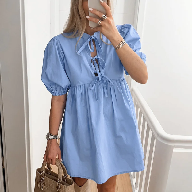 Women's Summer Casual Cotton Bow Tie Mini Dress Trendy Lace Mini Dress