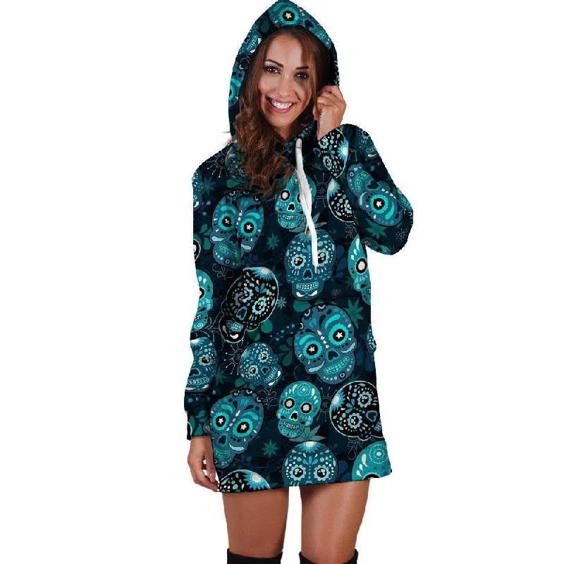 Blue Sugar Skull Print Hoodie Dress Hoodie with Emblem Brand Identity