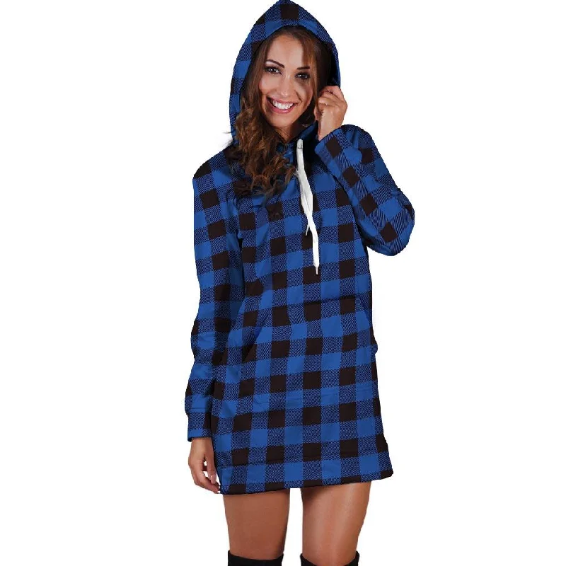 Blue Plaid Hoodie Dress Hoodie with Contrast Stitching Detailed Premium