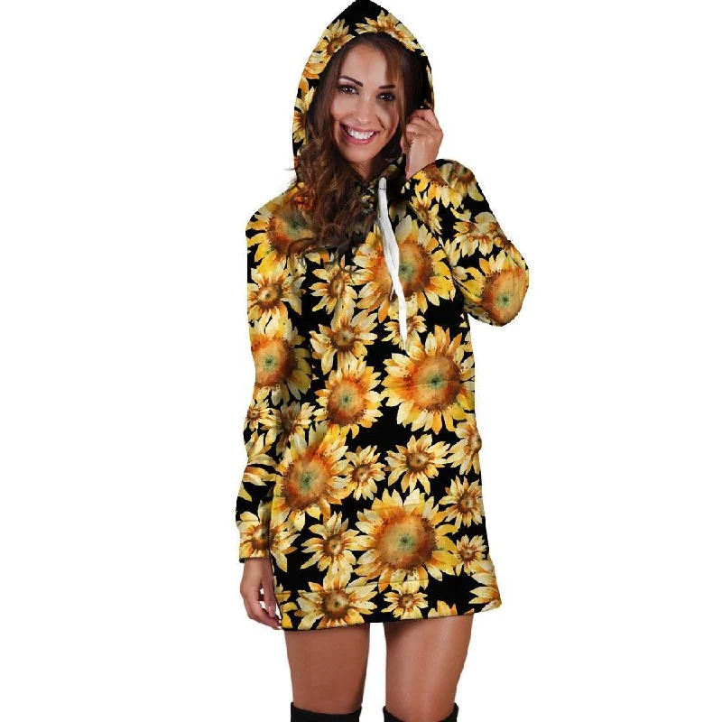 Black Sunflower Hoodie Dress Hoodie with Elastic Waist Stretchable Comfortable