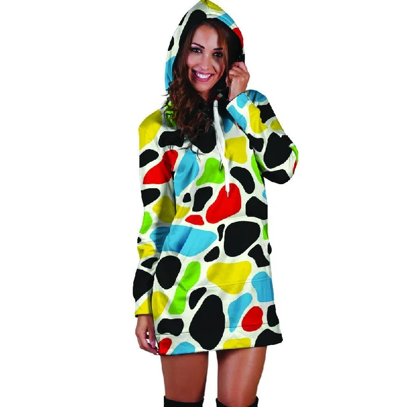 Colorful Cow Print Hoodie Dress Hoodie with Turtle Neck Cozy Winter