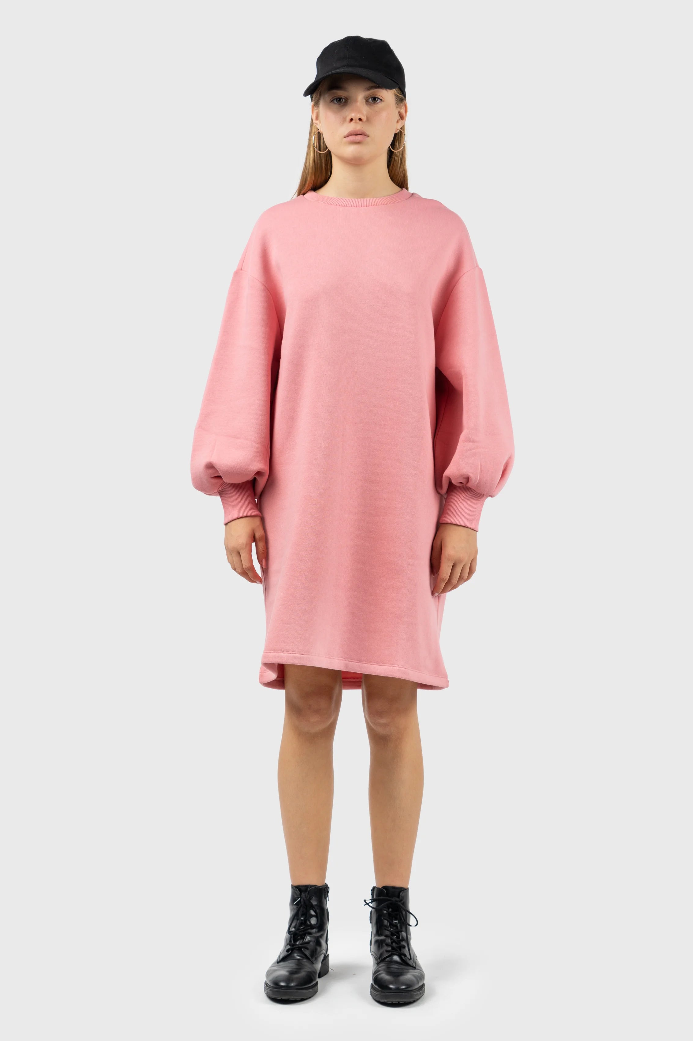 Pink Puff Sleeve Sweatshirt Dress Hoodie with Button Placket Classic Preppy