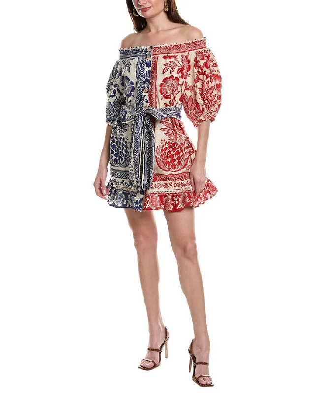 FARM Rio Mixed Pineapple Garden Linen-Blend Mini Dress sweetheart Neckline Romantic
