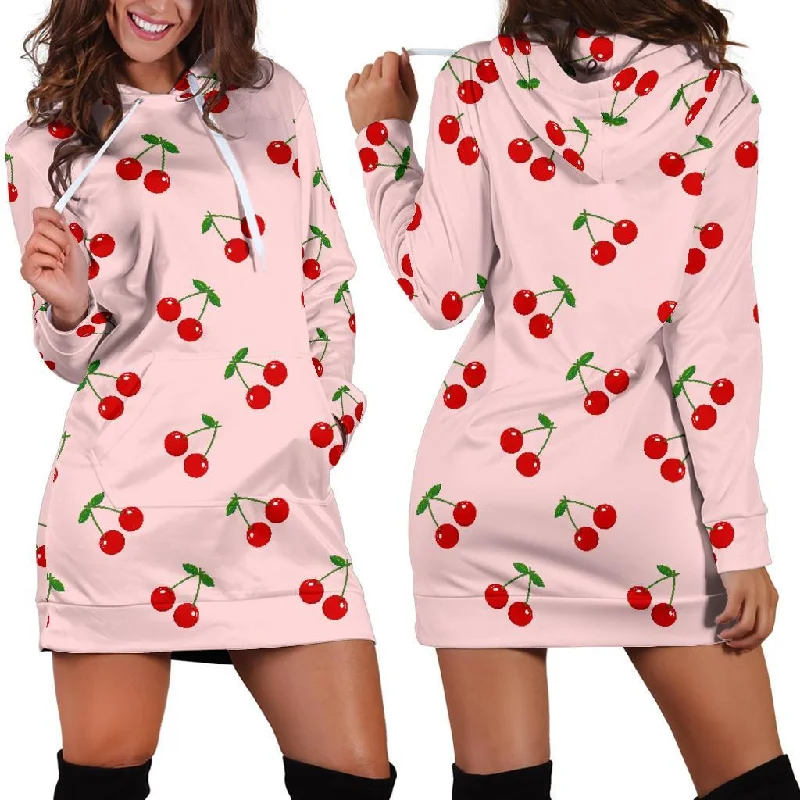 Cherry Pink Pattern Print Women Hoodie Dress Hoodie with Hem Elastic Stretchable Comfortable Cherry Pink Pattern Print Women Hoodie Dress Hoodie with Hem Elastic Stretchable Comfortable