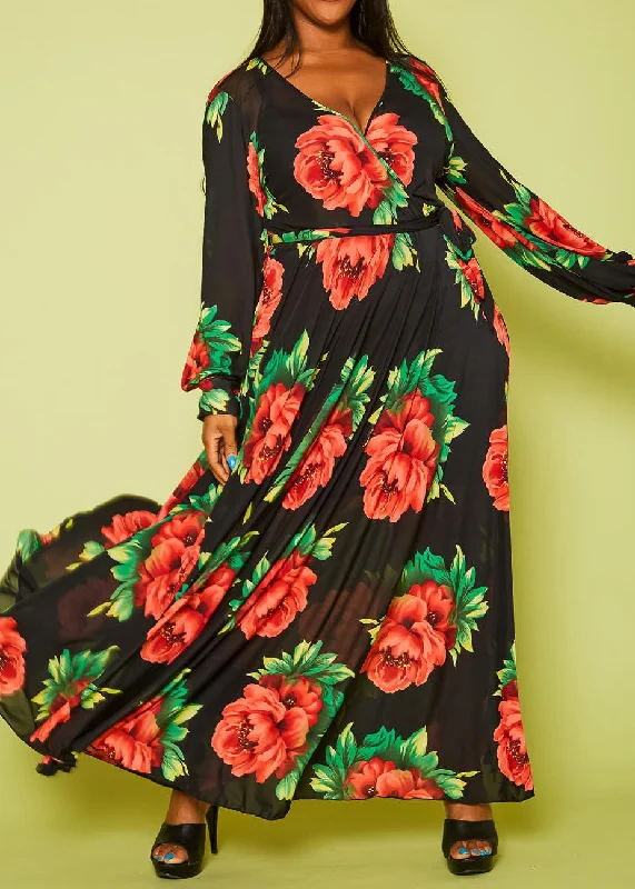 HI Curvy Plus Size Women Flare Peony Print Maxi Dress Tunics Timeless classic