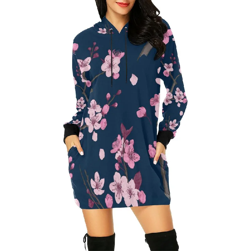 Sakura Cherry Blossom Print Women Hoodie Dress Hooded Sweatshirt Casual Wear Street Style Sakura Cherry Blossom Print Women Hoodie Dress Hooded Sweatshirt Casual Wear Street Style