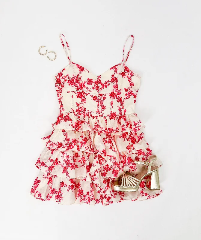 THE BETTER BET RED FLORAL RUFFLE MINI DRESS Elegant Vintage Mini Dress