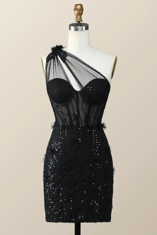 One Shoulder Black Tight Mini Dress Cozy Ruched Mini Dress