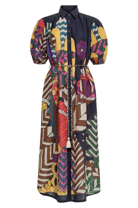 Valerie Pleated Kaftan Dress In Tropix Crew Neckline Sporty