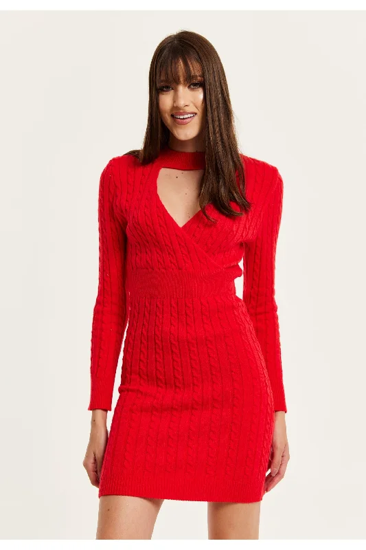 Liquorish Cut Out Front Cable Knit Mini Dress In Red Classic White Mini Dress