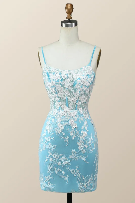 Blue and White Floral Embroidered Tight Mini Dress Stylish Puff Sleeve Mini Dress
