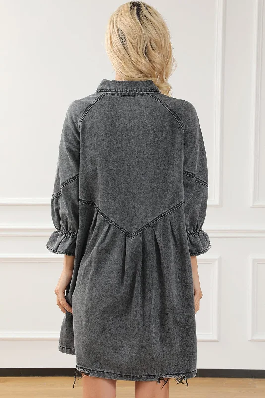 Gray Denim Dress: 3/4 Sleeve Relaxed Fit Mini Dress Trendy Off-Shoulder Dress Mini
