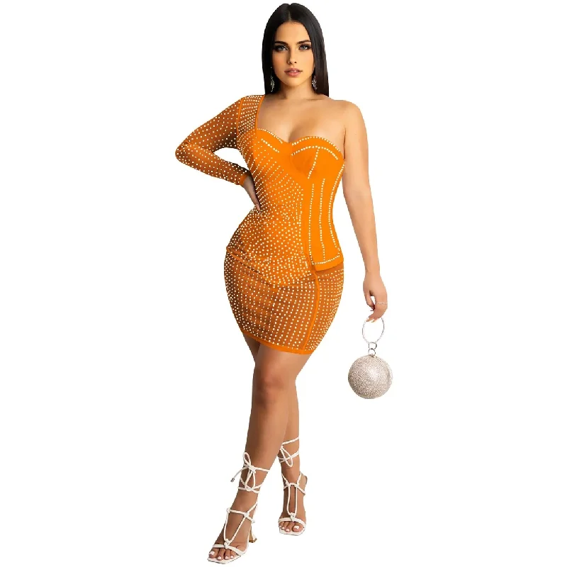 Julia Fashion - Sexy One Shoulder Sequin Bodycon Mini Dress Elegant Lace Mini Dress