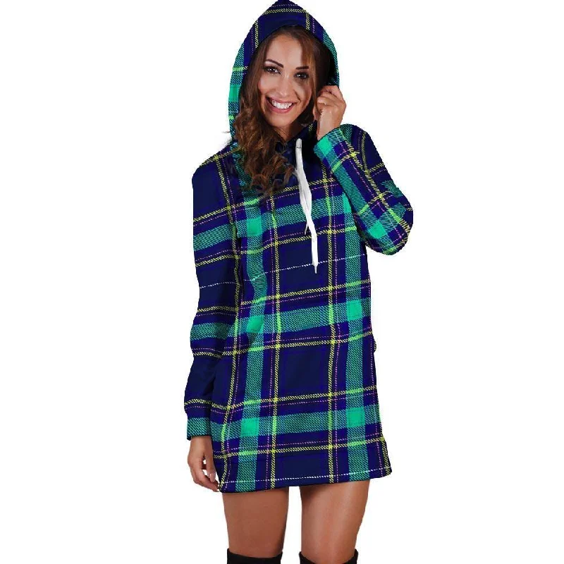 Blue Plaid Tartan Print Hoodie Dress Hoodie with Pastel Soft Subtle