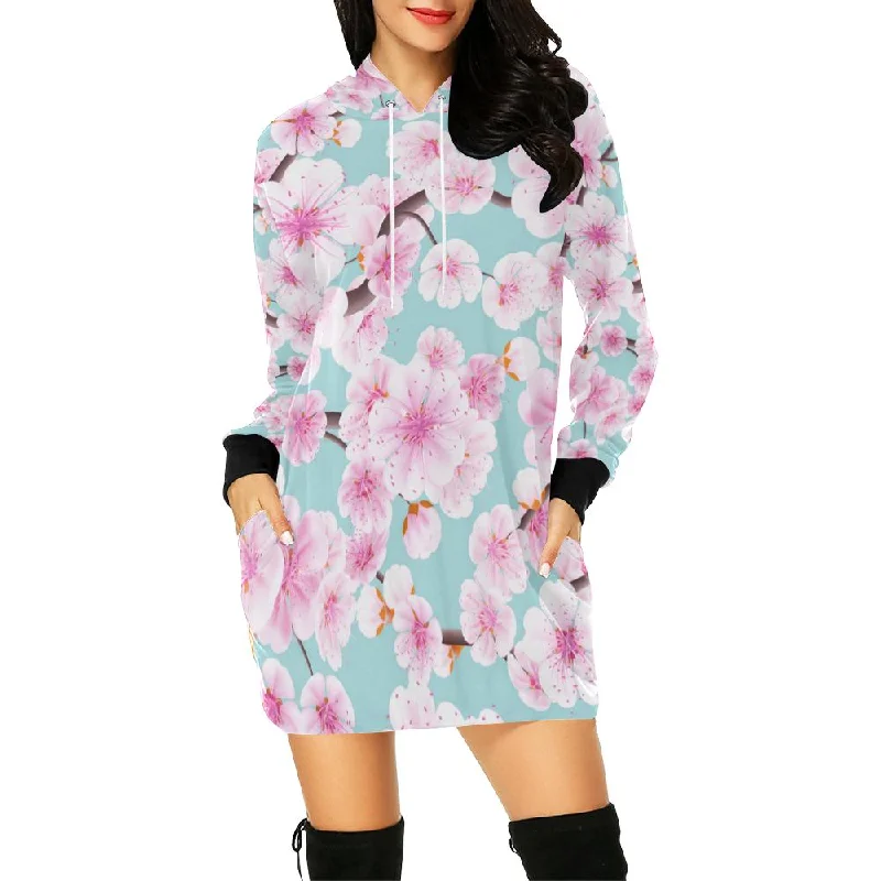 Cherry Blossom Sakura Blue Print Women Hoodie Dress Hoodie Dress Longline Feminine