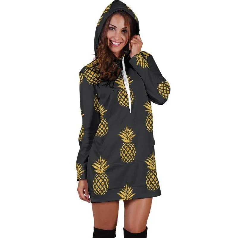 Women Black Gold Pineapple Hawaiian Hoodie Dress Print Hoodie with Color Block Contrast Stylish Women Black Gold Pineapple Hawaiian Hoodie Dress Print Hoodie with Color Block Contrast Stylish