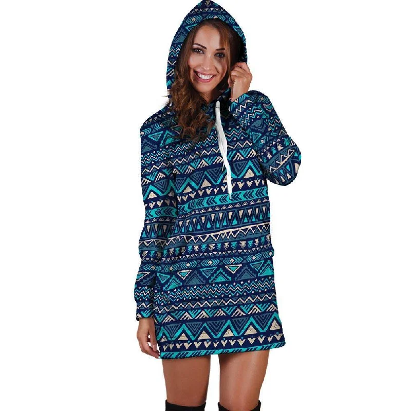 Blue Tribal Aztec Hand Drawn Hoodie Dress Hoodie with Lining Warm Insulated