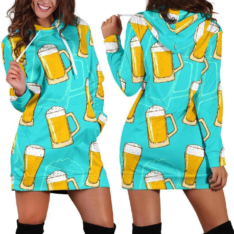 Beer Blue Pattern Print Women Hoodie Dress Hoodie with Frayed Bohemian Relaxed