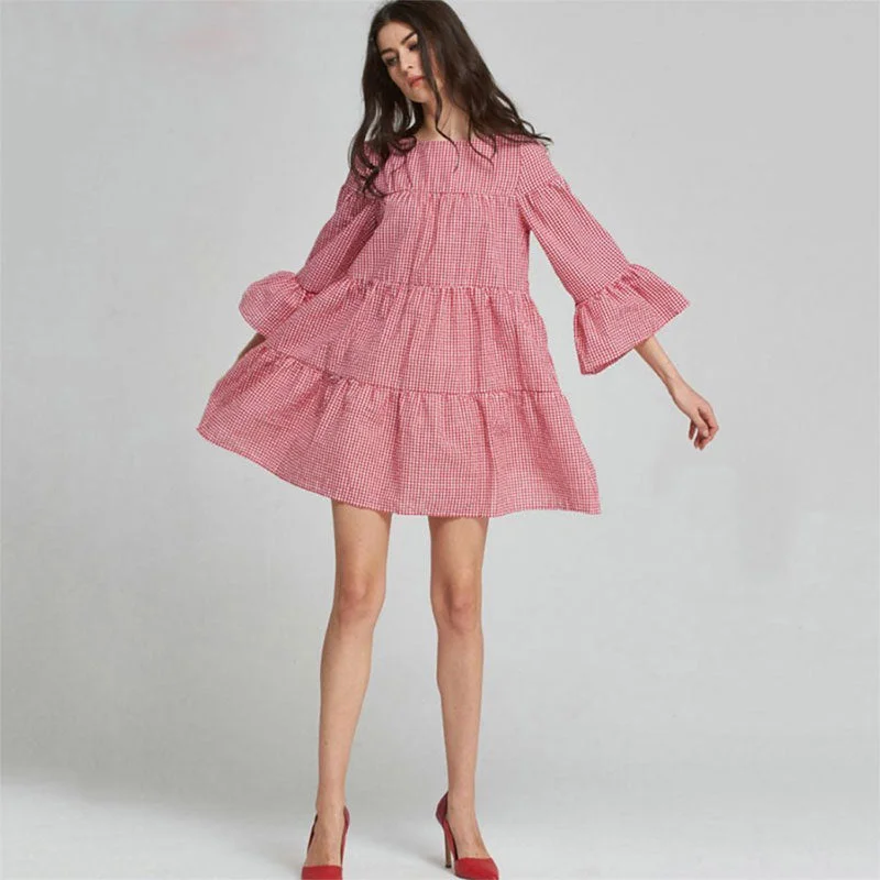 O-neck Flare Sleeve Pleated Plaid Loose Mini Dress Casual 3/4 Sleeves Sweet Dresses Ladies Fashion A-line Dress Plus Size Spring Tunics Trendy modern O-neck Flare Sleeve Pleated Plaid Loose Mini Dress Casual 3/4 Sleeves Sweet Dresses Ladies Fashion A-line Dress Plus Size Spring Tunics Trendy modern