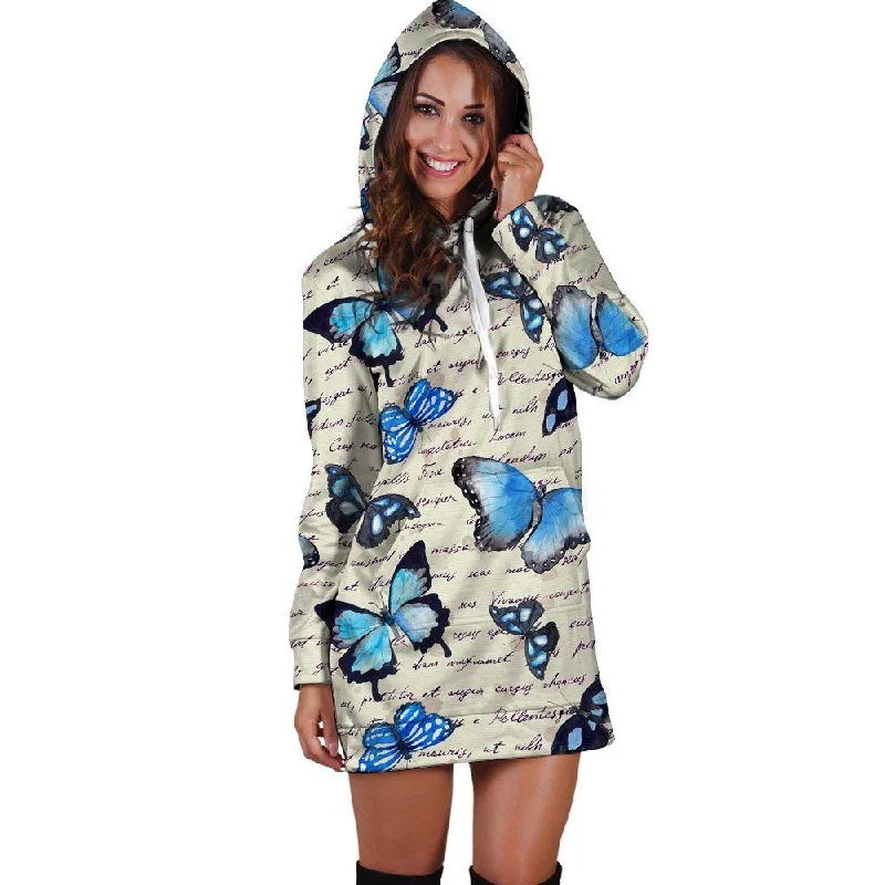 Blue Butterfly Watercolor Print Hoodie Dress Hoodie with Ribbed Neckline Snug Warm
