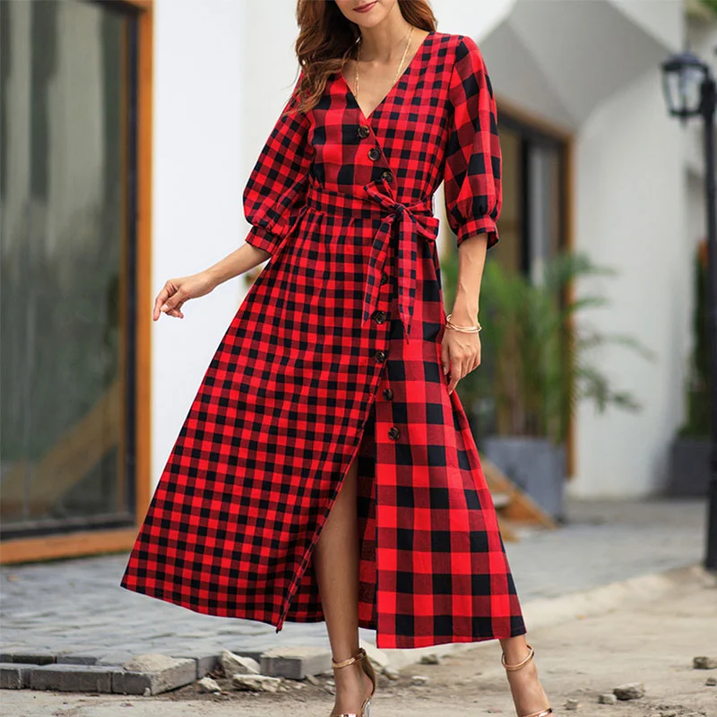 Deep V-neck Plaid Sashes A-line Long Dress Women Fashion Vintage 3/4 Sleeve Split Hem Dresses Ladies Elegant Party Dress Autumn Tunics Vintage classic Deep V-neck Plaid Sashes A-line Long Dress Women Fashion Vintage 3/4 Sleeve Split Hem Dresses Ladies Elegant Party Dress Autumn Tunics Vintage classic