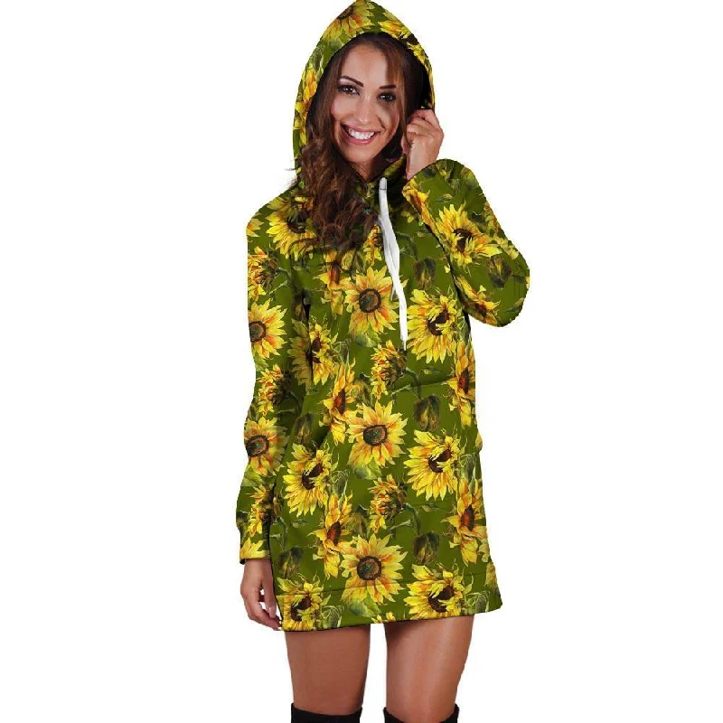 Botanical Sunflower Hoodie Dress Hoodie with Thumb Holes Functional Cozy