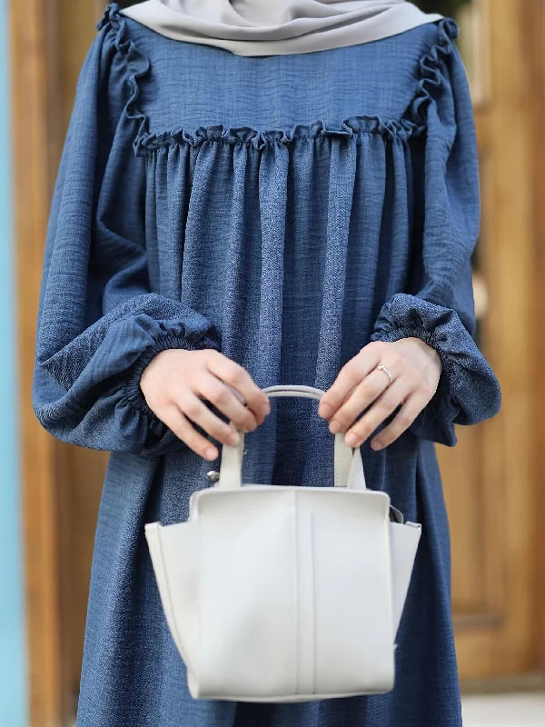 Long Sleeve Elegant Ruffle Trim Lantern Sleeve Maxi Dress - Zipper Front, Non-Stretch Polyester, Loose Fit, Solid Color, Hand Washable, Middle Eastern Inspired Women's Clothing for All Seasons Tunics Stylish modern