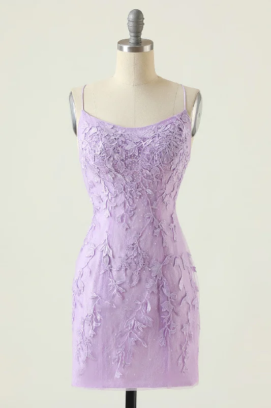 Lavender Lace Straps Tight Mini Dress Modern Satin Mini Dress