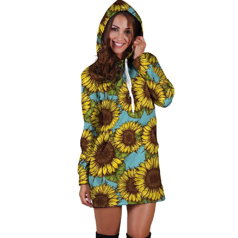Blue Sunflower Print Hoodie Dress Hoodie with Typography Text Message