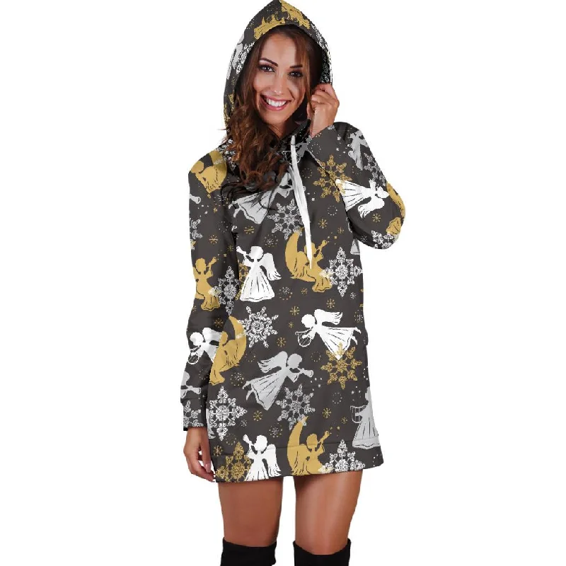 Angel Snowflake Print Pattern Women Hoodie Dress Hoodie with Elastic Waist Stretchable Comfortable Angel Snowflake Print Pattern Women Hoodie Dress Hoodie with Elastic Waist Stretchable Comfortable