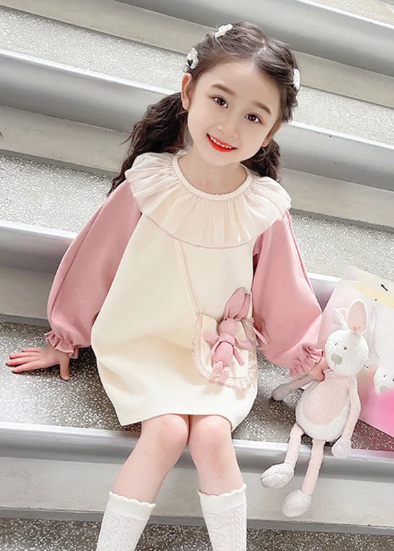 Cute Pink Kids Long Dress Lantern Sleeve TG006 Tunics Denim casual