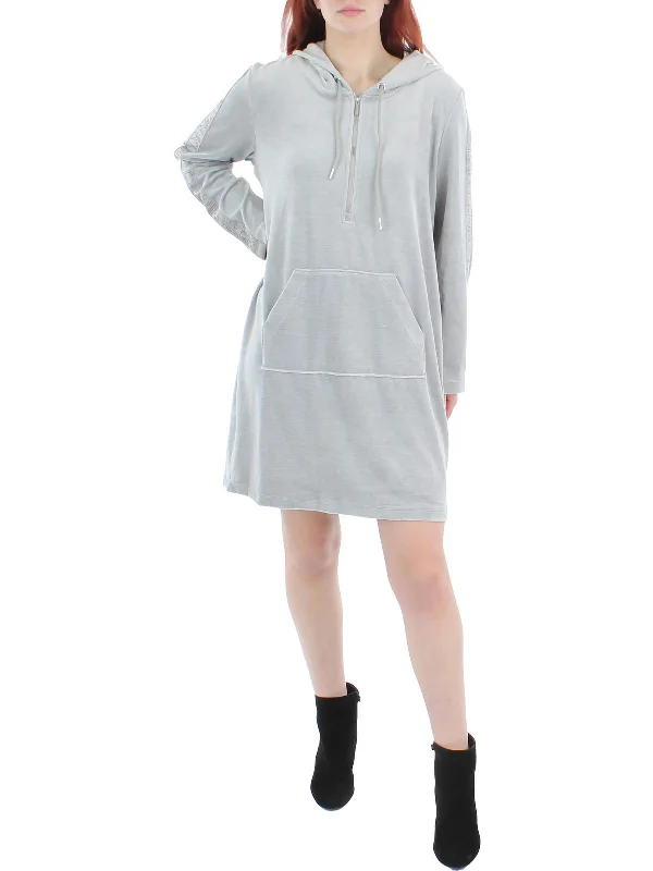 Womens Velour Mini Sweatshirt Dress Hoodie with Hem Embroidery Detailed Premium