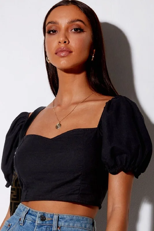 Sweatheart Neckline Black Crop Top Graphic Embroidered Appliqued