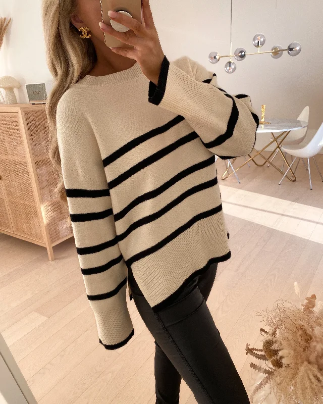 Vero Moda striktrøje saba ls o-neck pullover birch/black Puff Sleeve Stylish