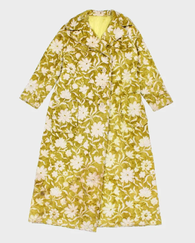 1960s Woman's Vintage mod Floral yellow printed Velvet Carpet Coat - M Toggle Coat Shawl Collar Coat Notch Collar Coat 1960s Woman's Vintage mod Floral yellow printed Velvet Carpet Coat - M Toggle Coat Shawl Collar Coat Notch Collar Coat