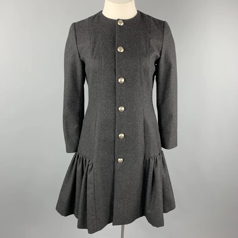 RALPH LAUREN 10 Charcoal Merino Wool Blend Collarless Drop Waist Ruffle Coat Coat Overcoat Trench Coat RALPH LAUREN 10 Charcoal Merino Wool Blend Collarless Drop Waist Ruffle Coat Coat Overcoat Trench Coat