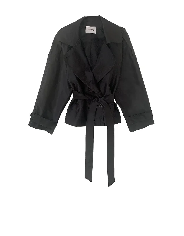 Julia Short Trench Coat- Black Dupioni Rayon Velvet Corduroy