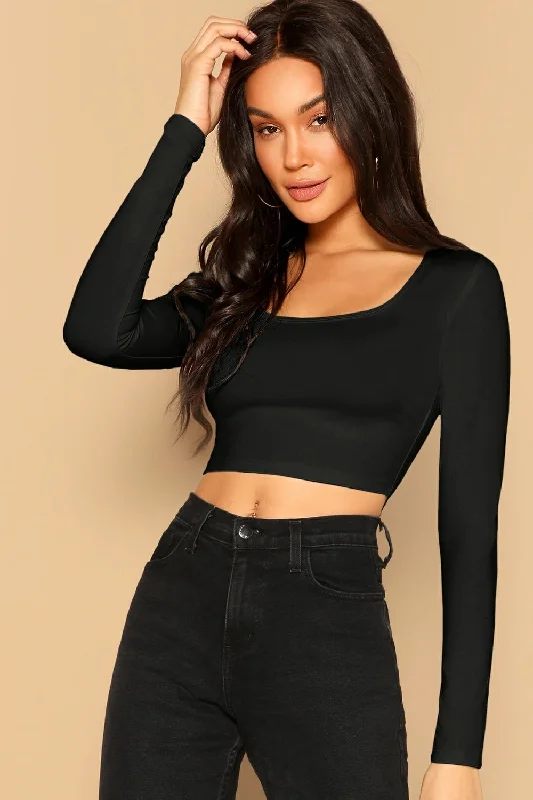 Scoop Neck Crop Top Black Notch Collar Peter Pan Collar Cowl Neck