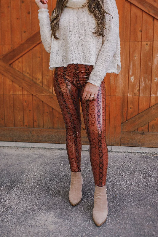 Mila Patent Vegan Leather Legging - Cognac Snake Stylish Yoga Leggings