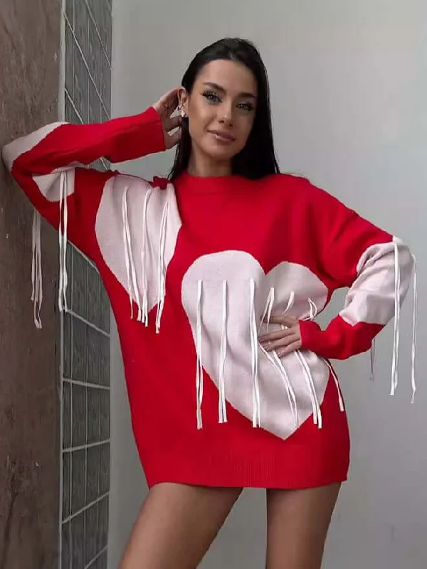 Love Tassel Round Neck Pullover Sweater Sabrina Neck Pullover