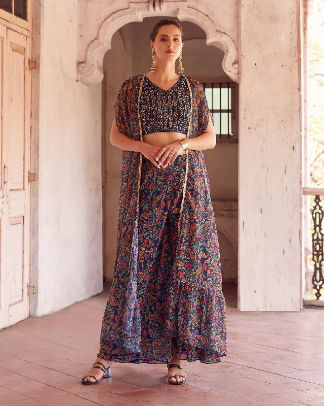 Navy Blue Crop Top Sharara Suit With Cape In Georgette Fabric Layered Multi-layer Single Layer Navy Blue Crop Top Sharara Suit With Cape In Georgette Fabric Layered Multi-layer Single Layer