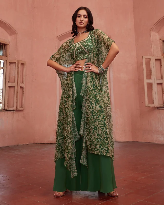 Green Crop Top Sharara Suit With Cape In Georgette Fabric Modern Contemporary Chic