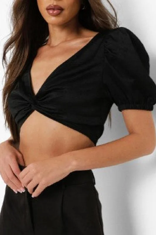 Black Twist Detail Crop Top Polka Dot Checkered Tartan