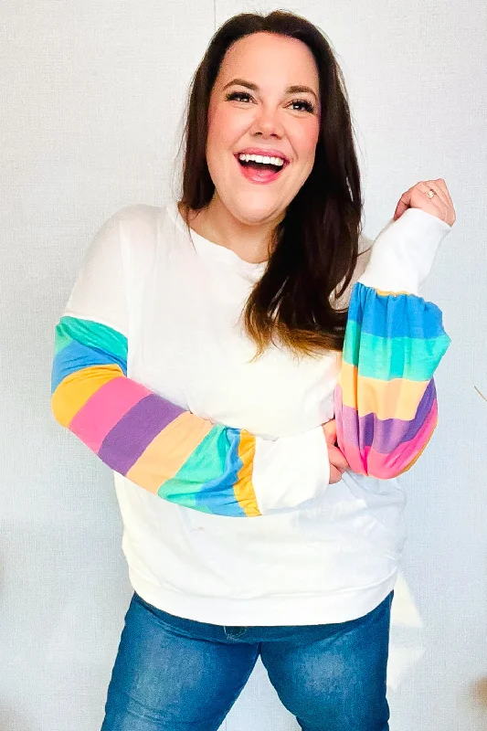 Stand Out Cream Stripe Drop Shoulder Hacci Knit Pullover Angora Wool Cozy