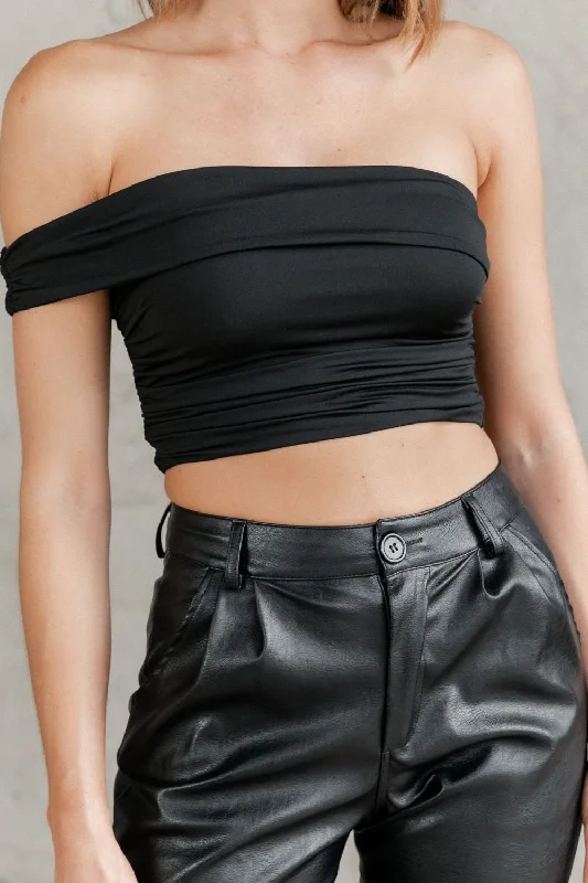 Black Single Side Off Shoulder Crop Top Fashionable Trendy Casual