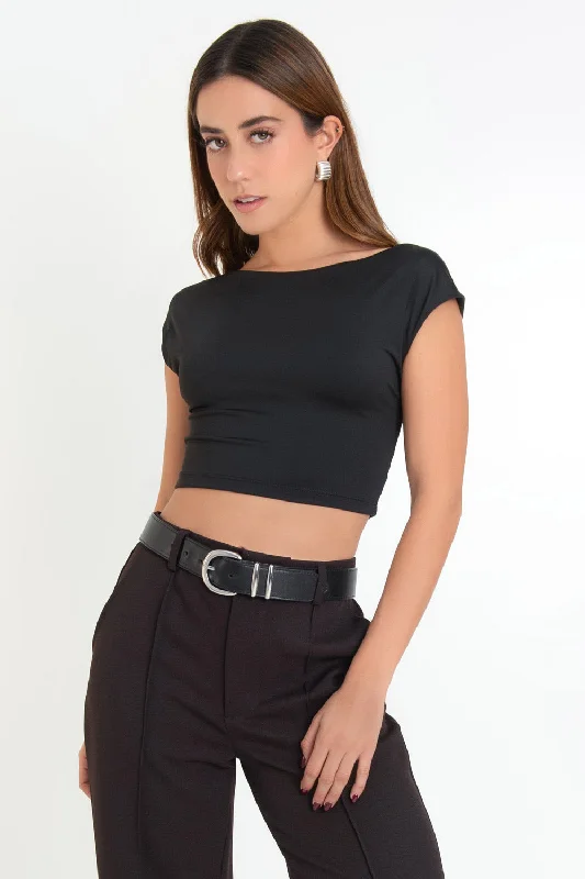 Crop top de manga seguida escote espalda Sequined Glittery Shiny