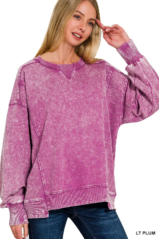 Plum Acid Washed French Terry Pullover Blouson Sleeve Pullover