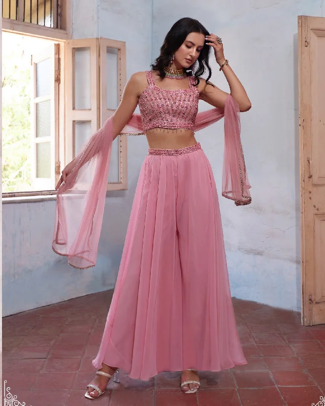 Pink Crop Top Sharara Suit With Dupatta In Georgette Fabric Elegant Classic Vintage