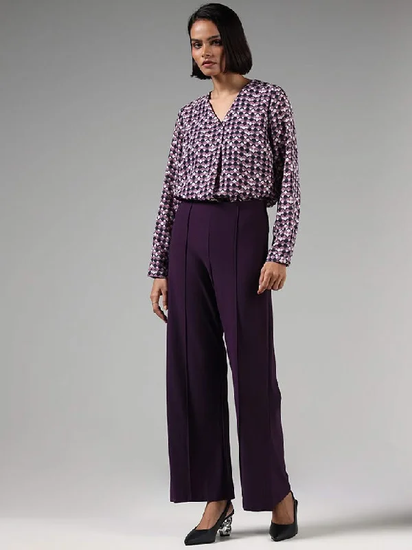 Wardrobe Dark Purple Front-Seam Wide-Leg Trousers Trousers Wedding White